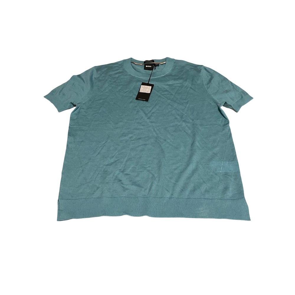 Hugo Boss Mens Falysslasl Superfine Merino Wool Knit T-Shirt Teal Blue L NWT I01